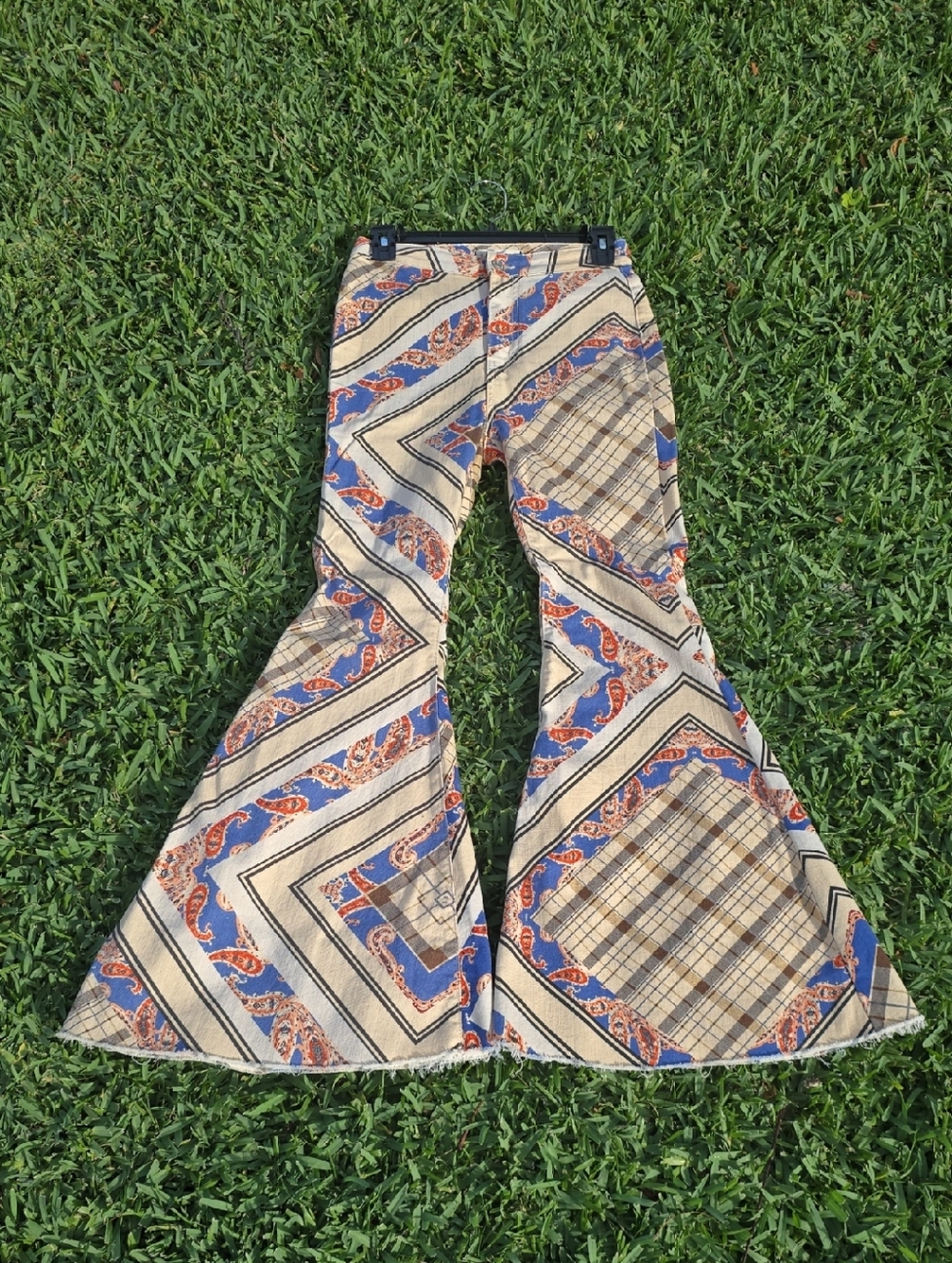 Free People Boho Patchwork High-Waist Flare Pants - Beige, Blue, Rust